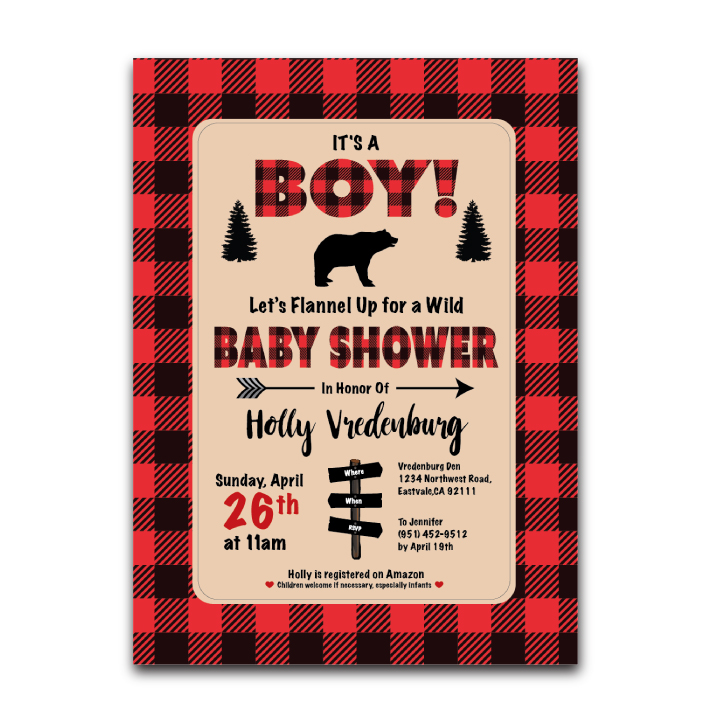 Baby Shower Invite – Bears & Buffalo Plaid